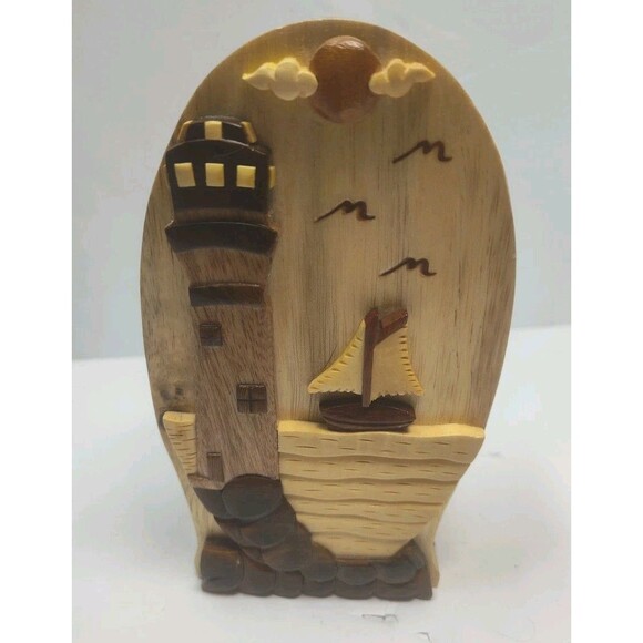 Polished Exotic Hardwood Wood Lighthouse Puzzle Trinket Box 7" Carver Dan - Picture 4 of 16